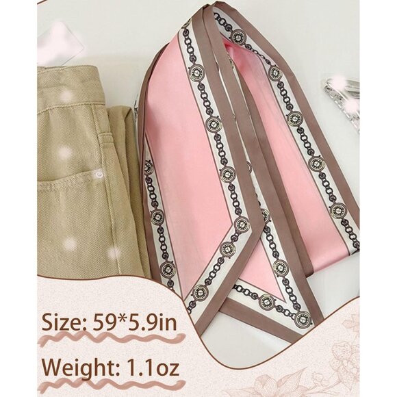 Women's Pink Brown Chain Fashion Oblique Angle Silk Neck Scarf Printed Scarves - Picture 7 of 7